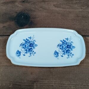 Limoges France Porcelain Serving Tray Blue Floral Gold Trim Rectangular